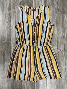Modcloth Yellow, Blue & Brown Multi-Stripe Sleeveless Romper